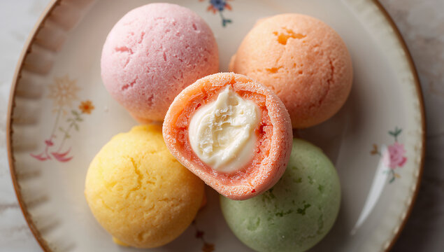 Assortment of colorful mochi or dango balls arranged on a decorative plate, with one pink mochi cut open revealing a luscious creamy white filling, japanese dessert, cream filling, asian food