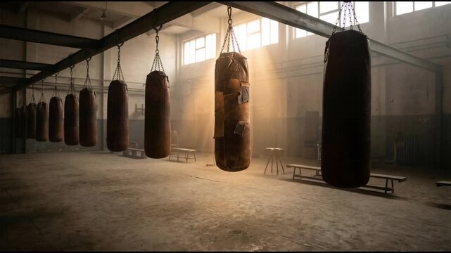 Row of punching bags in empty boxing gym with dramatic sunlight