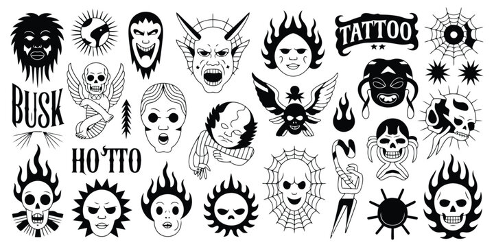 Black and white tattoo flash sheet with skulls faces sunbursts and text devil