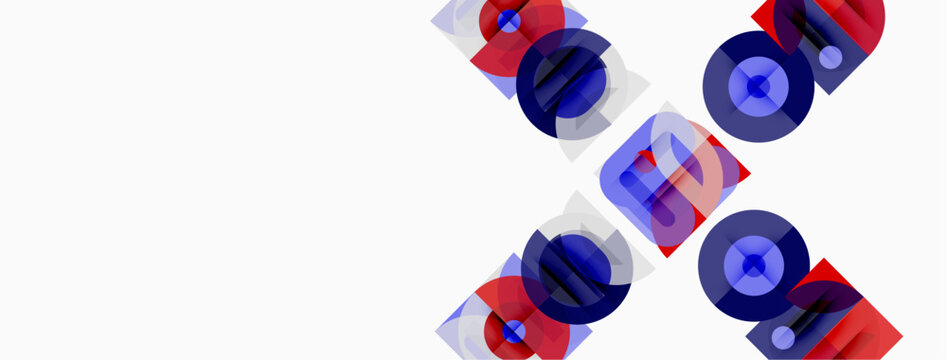 Abstract geometric shapes, blue, red, white. Overlapping circles, squares create dynamic composition. Minimalist design, modern aesthetic.