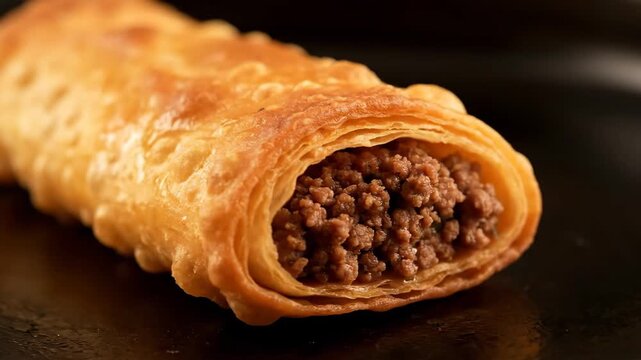 Macro Close-up of Crispy Golden Fried Spring Roll or Savory Pastry Filled with Seasoned Ground Meat Served on a Dark Plate, Emphasizing Texture and Appetizing Appearance.