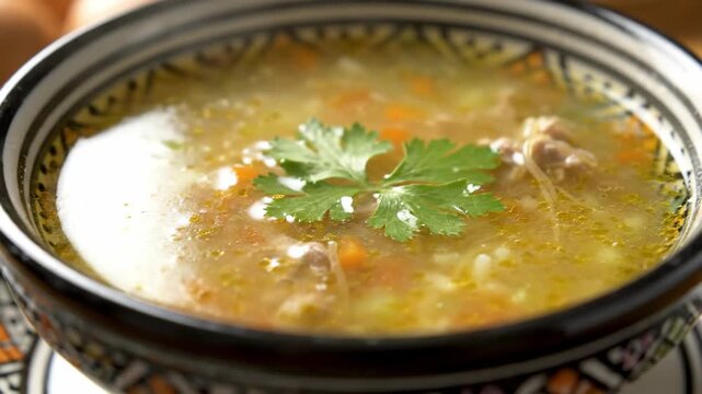 Close-up view of traditional clear soup (broth) with vegetables and meat, garnished with fresh parsley and served hot in a patterned ceramic bowl.