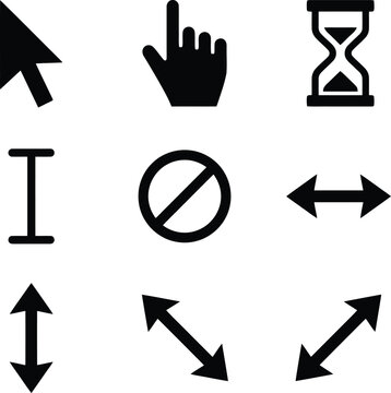 Eine Sammlung von neun verschiedenen Mauszeiger-Symbolen und Cursor-Symbolen, die auf einem wei&szlig;en Hintergrund angeordnet sind.