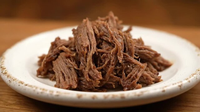 Close-up of Delicious Pulled Beef or Shredded Braised Meat Served on a White Rustic Plate, Ideal for Sandwiches, Tacos, or Barbecue Meals