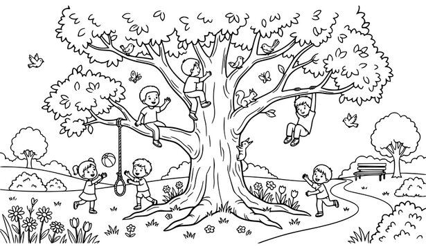 Children playing on tree in garden coloring page vector with cute park nature cartoon illustration for kids