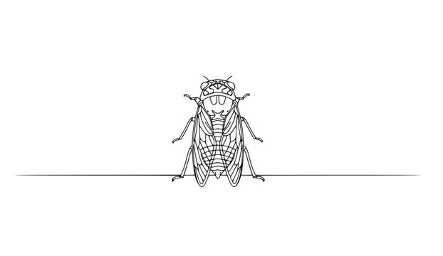 Black and white line drawing of a cicada insect standing on a surface in a minimalist flat vector style
