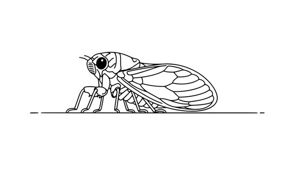Black and white line drawing of a cicada insect standing on a surface in a minimalist flat vector style
