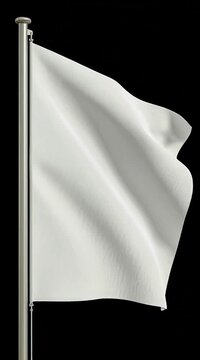 a closeup of a square white flag with texture detail waving on black backdrop