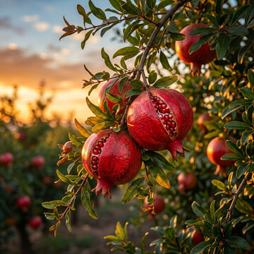 Ripe Red Pomegranates on Tree Branch at Sunset Golden Hour