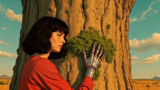 A woman with dark hair and a red shirt stands in a desert, her metallic left hand gently touching a patch of greenery growing on the trunk of a massive, weathered tree. The scene evokes a sense of qui