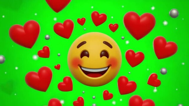 3D Happy Love Emoji with Hearts on Green Screen
