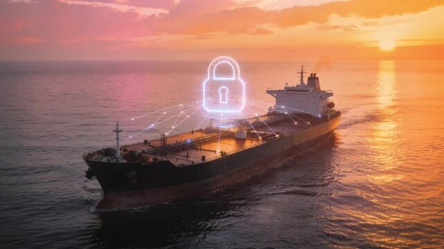 Cargo ship with digital cybersecurity lock overlay at sea during sunset