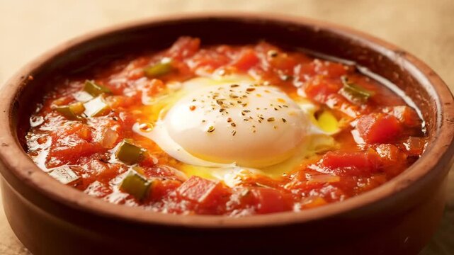 Appetizing closeup of traditional Shakshuka (or Menemen) dish featuring baked egg, fresh tomato sauce, and green peppers in a rustic terracotta bowl.