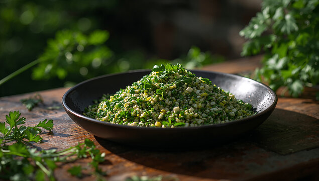Fresh tabouli salad with parsley and bulgur in a bowl with middle eastern with side dish with plant based with freshly prepared