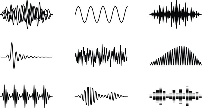 Sound Wave and Audio Waveform Icon Set Featuring Sine, Square, and Complex Sound Wave Patterns for Audio, Music, and Sound Design