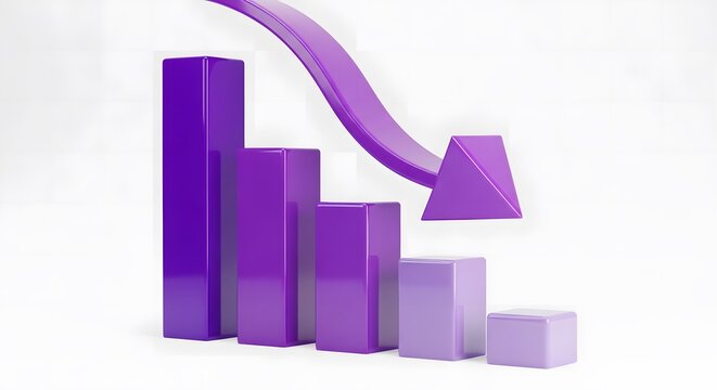 Declining business trend with purple 3d bar graph and downward arrow