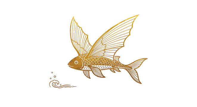 Golden flying fish, winged fish illustration, gold line art, decorative animal icon