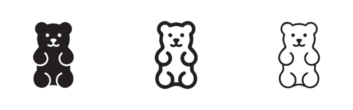 Gummy bear icon set, sweet candy symbol with solid and outline variations for treats and confectionery