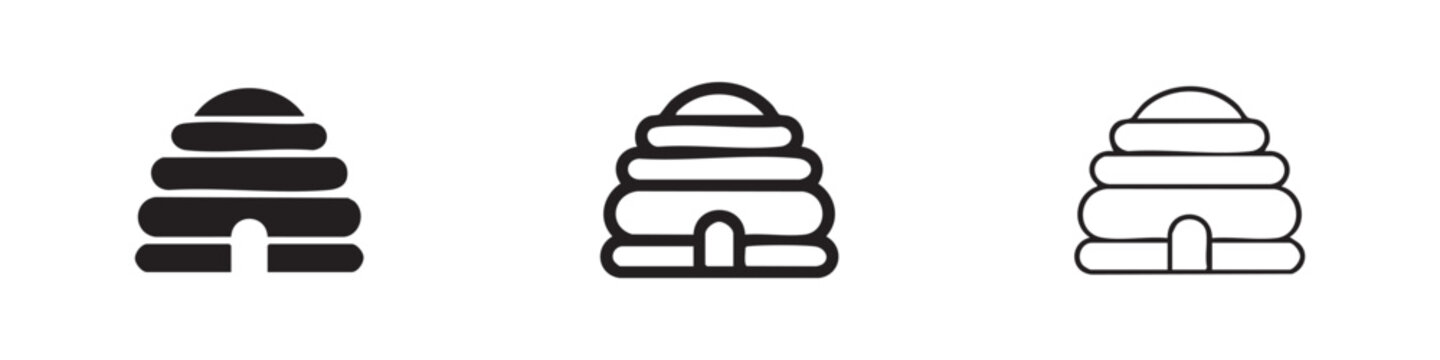 Traditional Beehive Skep Icon Set in Solid and Outline Style