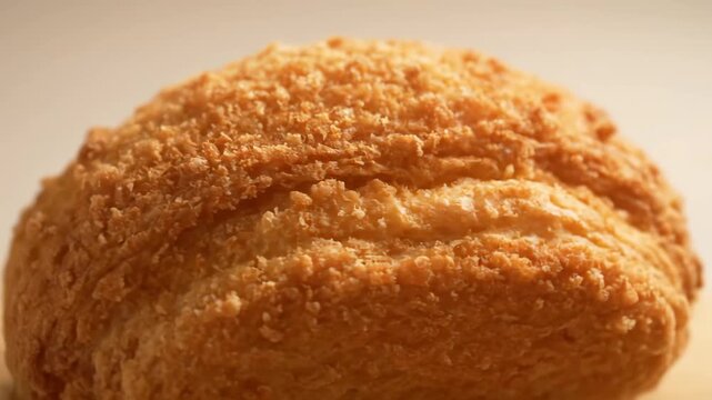 Macro shot of freshly baked golden bread crust texture. Extreme close-up view detailing the crispy, textured surface of an artisan loaf or specialty bun.