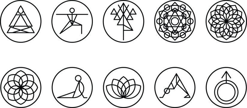 Geometric Mandala and Yoga Pose Icon Set for Spirituality, Meditation, and Mindfulness Practices