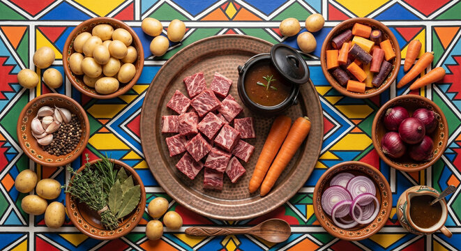 Hyper-realistic top view of Potjiekos ingredients on bold Ndebele painting pattern