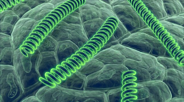 Glowing green bacteria or virus cells under microscope in 3d render