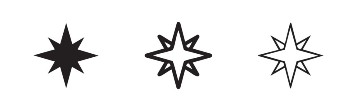 Eight Pointed Compass Rose or Star Icon Set for Navigation and Travel