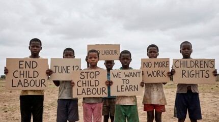 Children holding signs to end child labor and advocate for childrens rights and education.