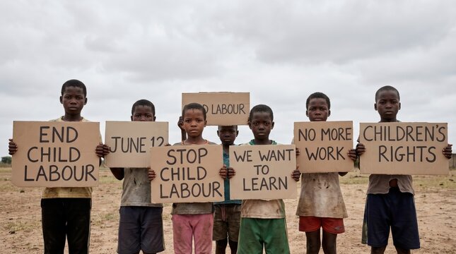 Children holding signs to end child labor and advocate for childrens rights and education.