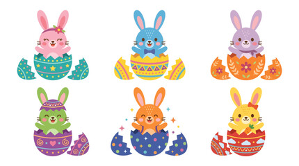 Obraz premium Cute Easter Bunnies Emerging from Decorative Eggs Vector Collection, Adorable Animal Figures for Springtime Festivities