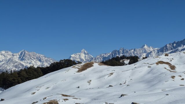 Scenic view of Nanda Devi peak from Gorson Bugyal with snow covered ground and pine forest in Uttarakhand, India.