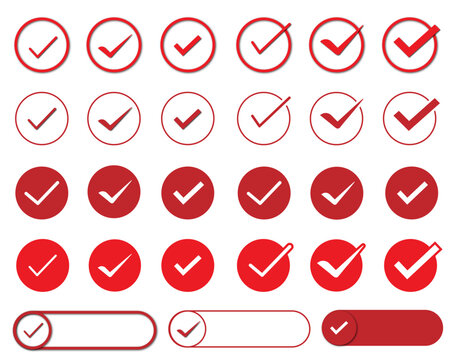 Red circle check mark and tick button icon set