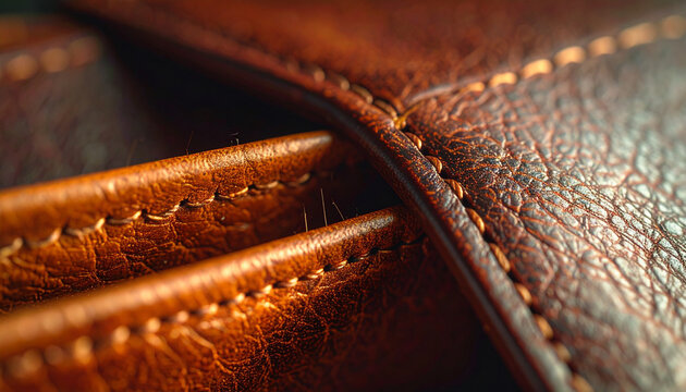 Macro view of stitched brown leather wallet texture and empty pocket