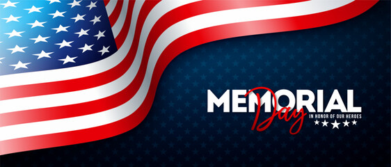 A patriotic Memorial Day design featuring an American flag and typography on a dark blue background, ideal for holiday banners and social media posts. © VFX Pro