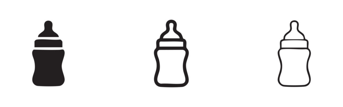 Baby bottle icon set with solid, outline, and line style for baby feeding on white background