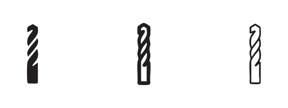 Drill bit icon set with solid, outline, and line style for tools and hardware on white background