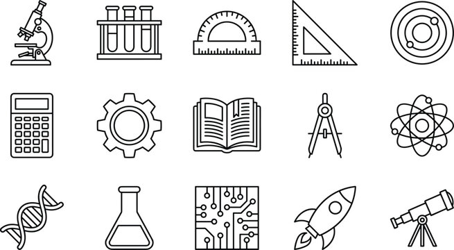 Science and Technology Icons Vector Set Featuring Microscopes, Test Tubes, Rockets, and Tools for Research and Innovation Designs