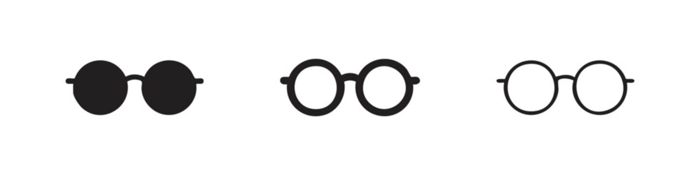 Round glasses icon set with solid, outline, and line style vector illustration on white background