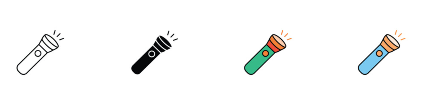 Portable flashlight torch icon set for emergency lighting. Vector illustration of hand lamp and spotlight symbols in outline, solid black, and colorful flat styles.
