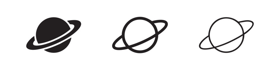 Planet with ring icon set, outer space and cosmic symbol in solid, outline, and line art styles. © liubomir118809