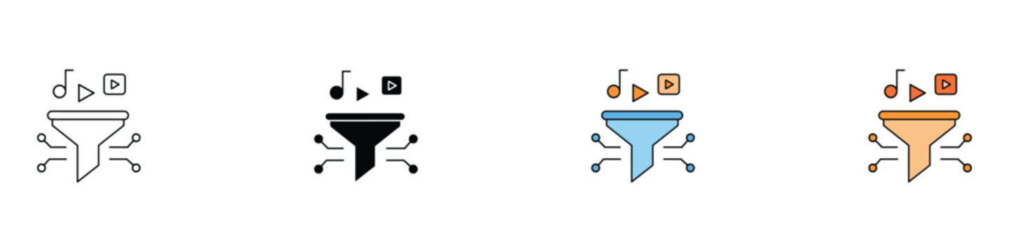 Media content filter and data curation icon set. Vector illustration of digital funnel sorting music and video files in outline, flat, and colorful styles.