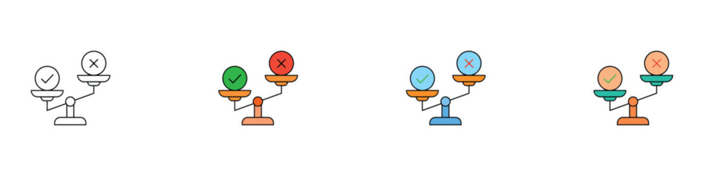 Scale with checkmark and cross mark for pros and cons decision making. Vector illustration of weight balance, comparison, and choice symbols in outline, flat, and colorful styles.