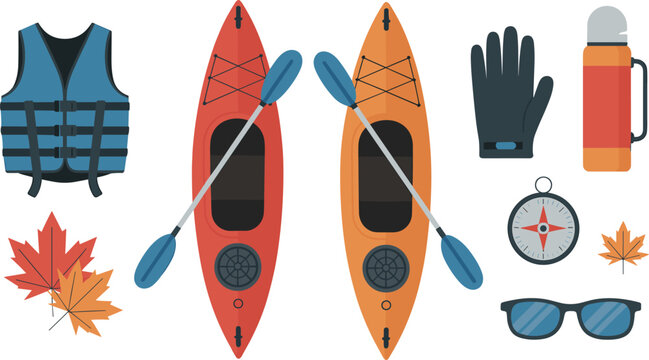 Flat Kayaking Adventure Illustration with Canoes, Paddles, Life Jacket, Compass and Outdoor Water Sports Equipment Collection Design