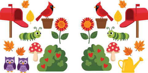 Estores personalizados con tu foto Cute garden and autumn elements collection featuring birds caterpillar flowers mailbox leaves and mushrooms, colorful cartoon vector illustration set for seasonal design