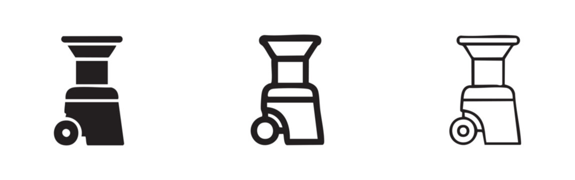 Garden shredder or wood chipper icon set, outdoor power tool in black and white vector illustration