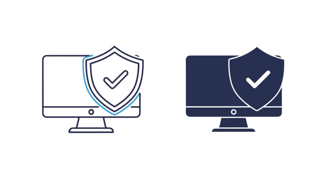 Desktop monitor with shield security icon - Line and glyph solid icon and logo template - Clipart, sticker - icon set