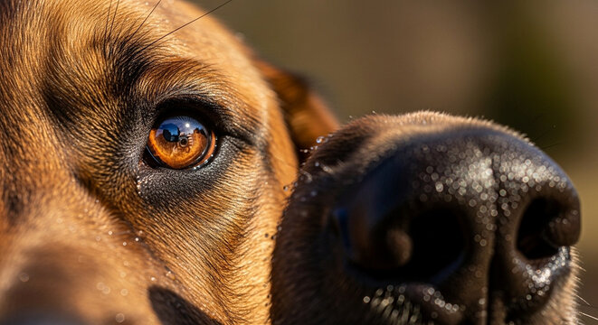 Close-up of brown dogs face.