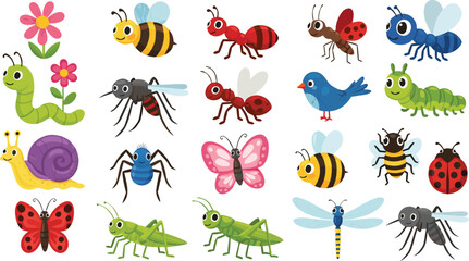 Cute garden insect vector set featuring hand drawn bee, butterfly, ant, caterpillar, snail, grasshopper, and ladybug characters for nursery decor, spring themes, and children's stickers © Bokul
