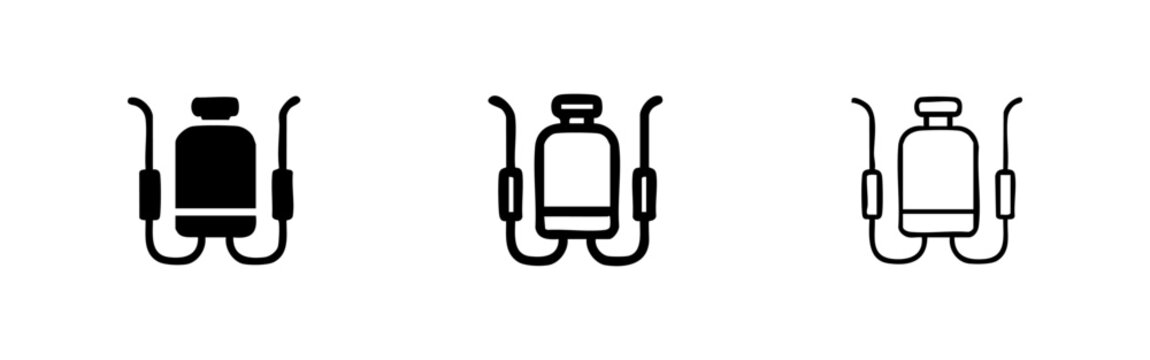 Set of backpack sprayer icons: solid, outlined filled, and outline